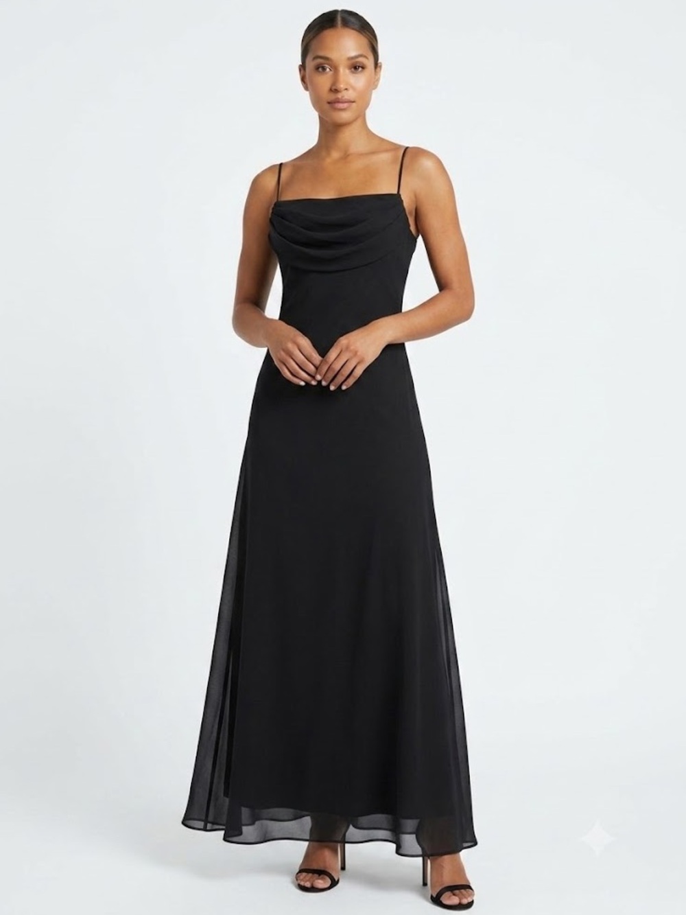 ONYX Vintage Black Sleeveless Formal Maxi Slip Dress with Cowl Neck - Sz 14